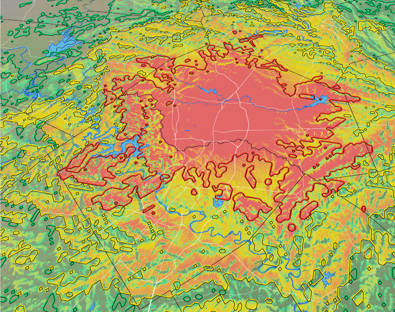 Colorized radio propagation and terrain map